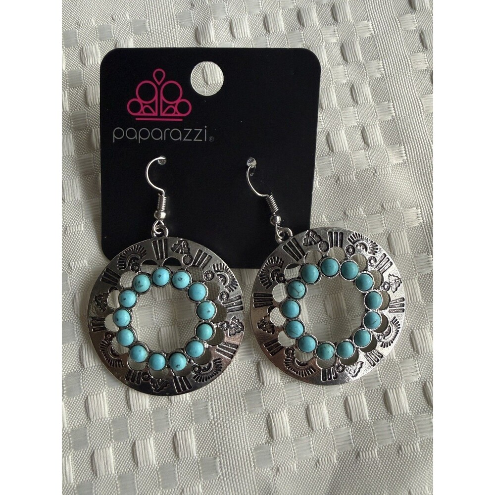 Bohemian Paparazzi Earrings - Southwest Style Silver and Turquoise (New)
